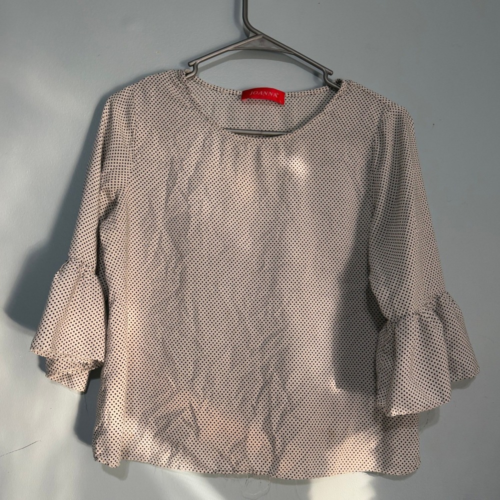 Joanna‎ Polka Dot Ruffle Sleeve Blouse White Black Women's Large Round Neck 1510